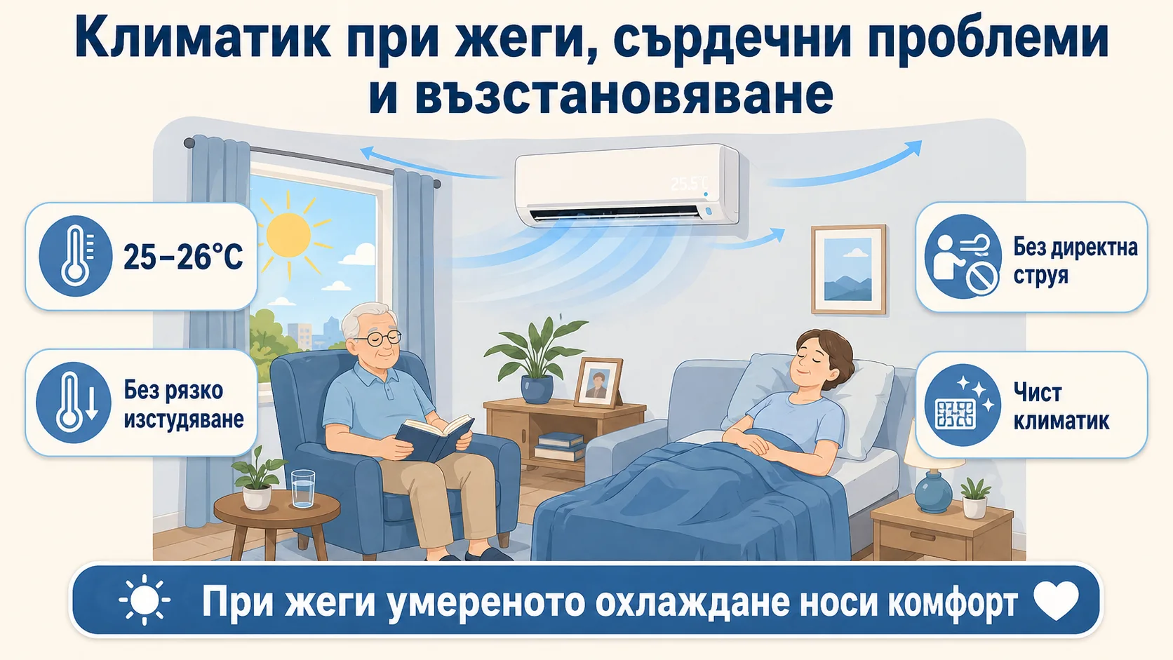 Климатик при жеги, сърдечни проблеми и възстановяване Alt текст: Климатик при жеги, сърдечни проблеми и възстановяване – умерено охлаждане 25–26 градуса без директна струя