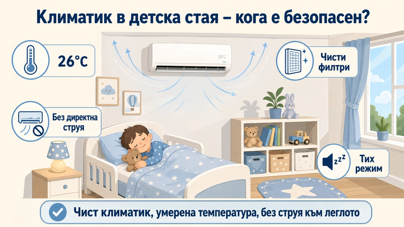 Климатик в детска стая – кога е безопасен Климатик в детска стая с умерена температура, чисти филтри и въздушна струя, насочена далеч от леглото