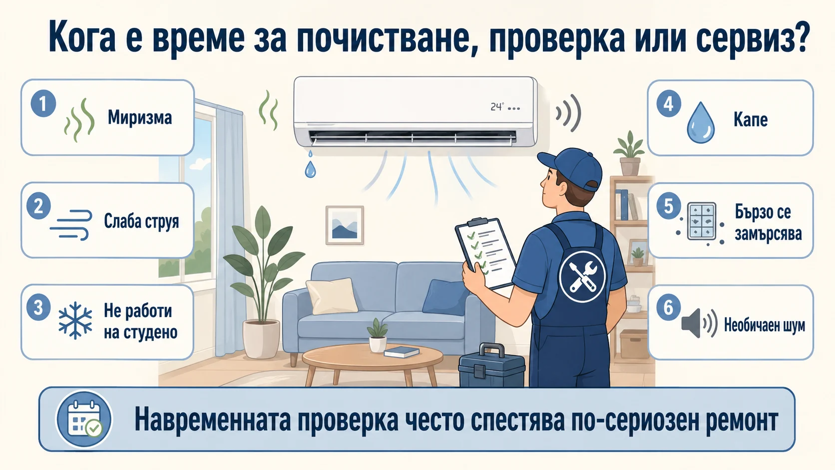 Кога е време за почистване, проверка или сервиз? Кога е време за почистване, проверка или сервиз на климатик – инфографика със симптоми като миризма, слаба струя, капене и необичаен шум
