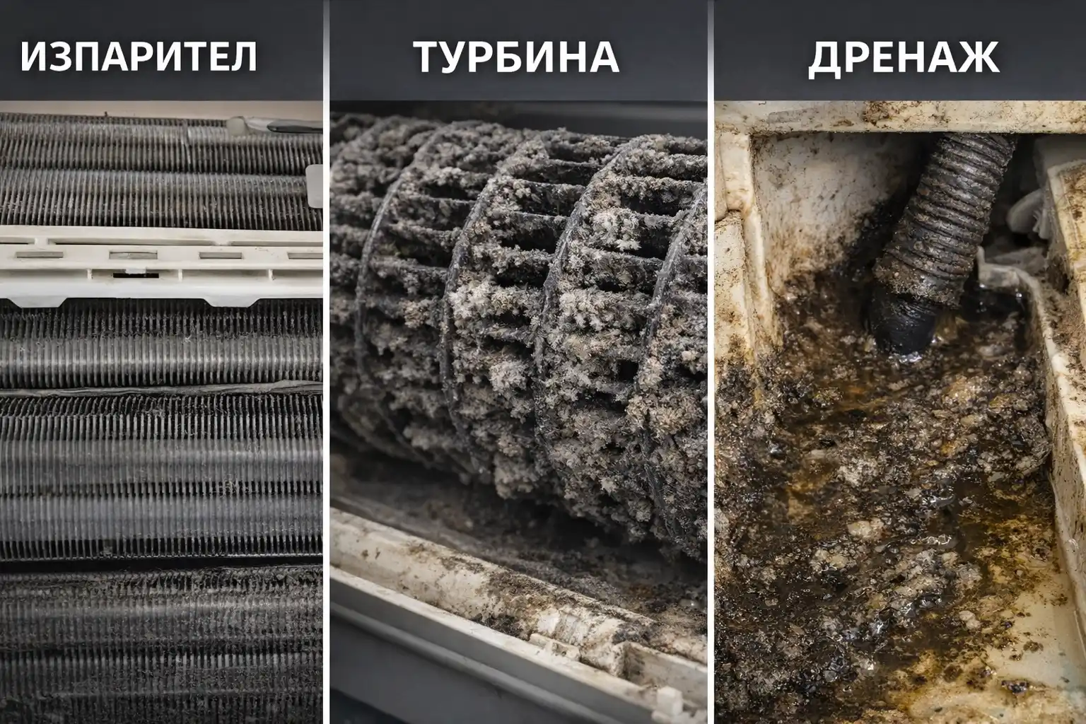 замърсен изпарител турбина и дренаж на климатик