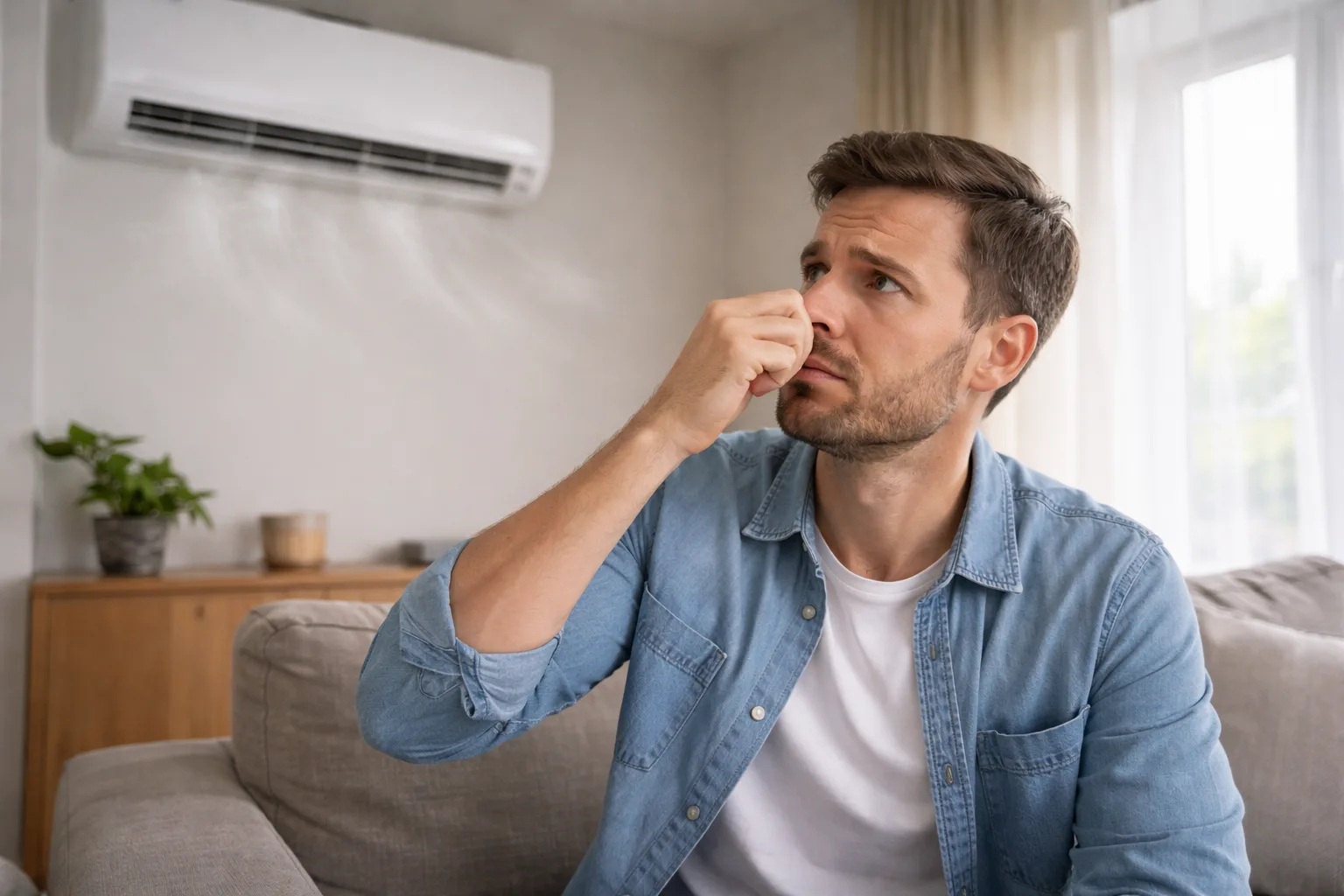 човек усеща миризма от климатик в стаята при включване