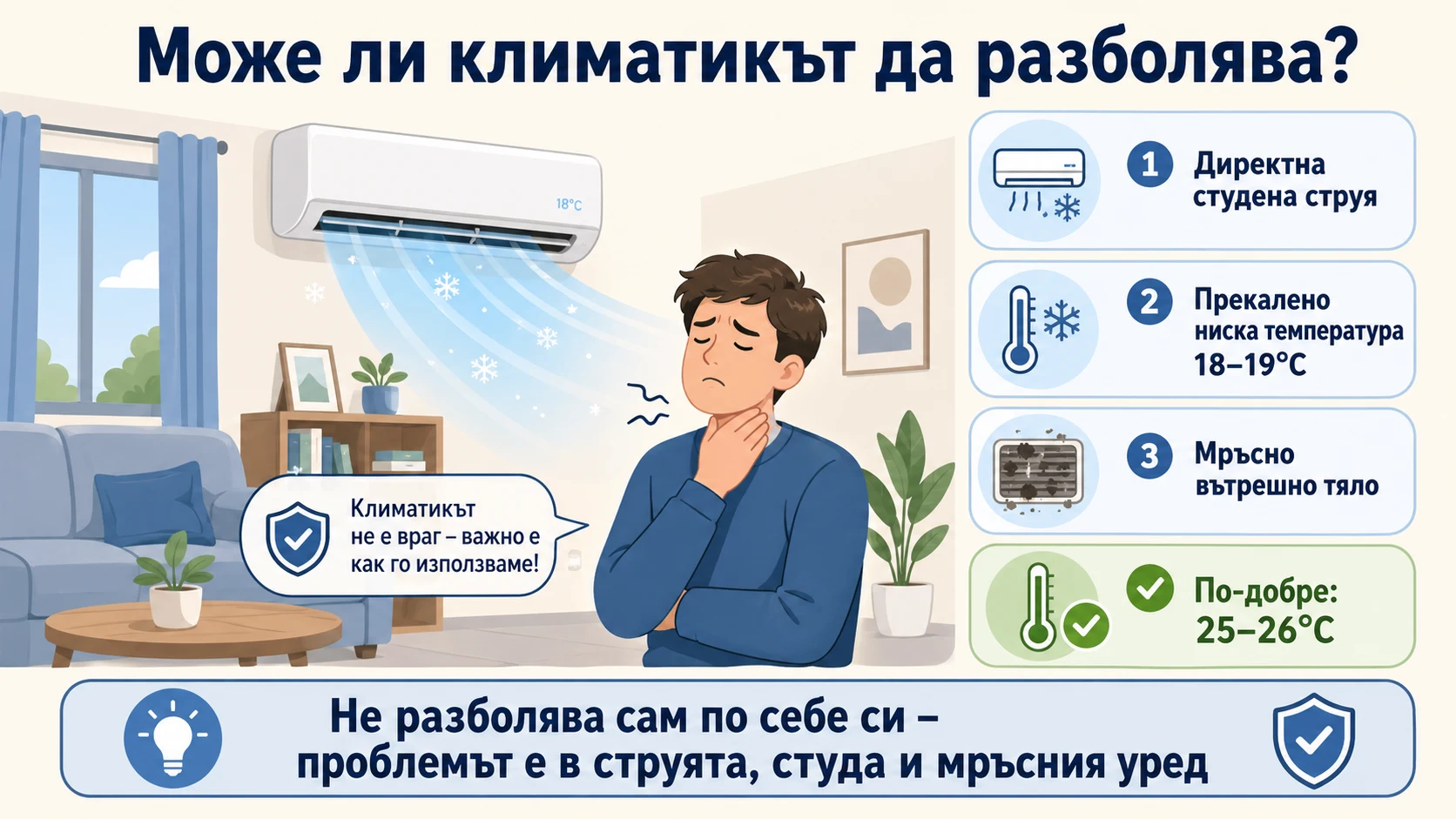 Може ли климатикът да разболява Alt текст: Може ли климатикът да разболява – инфографика за студената струя, ниската температура и мръсното вътрешно тяло