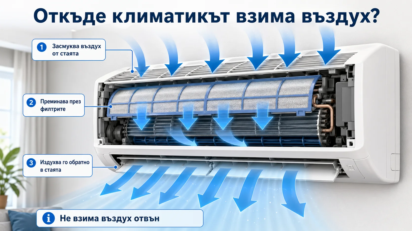 Откъде климатикът взима въздух при стандартно вътрешно тяло