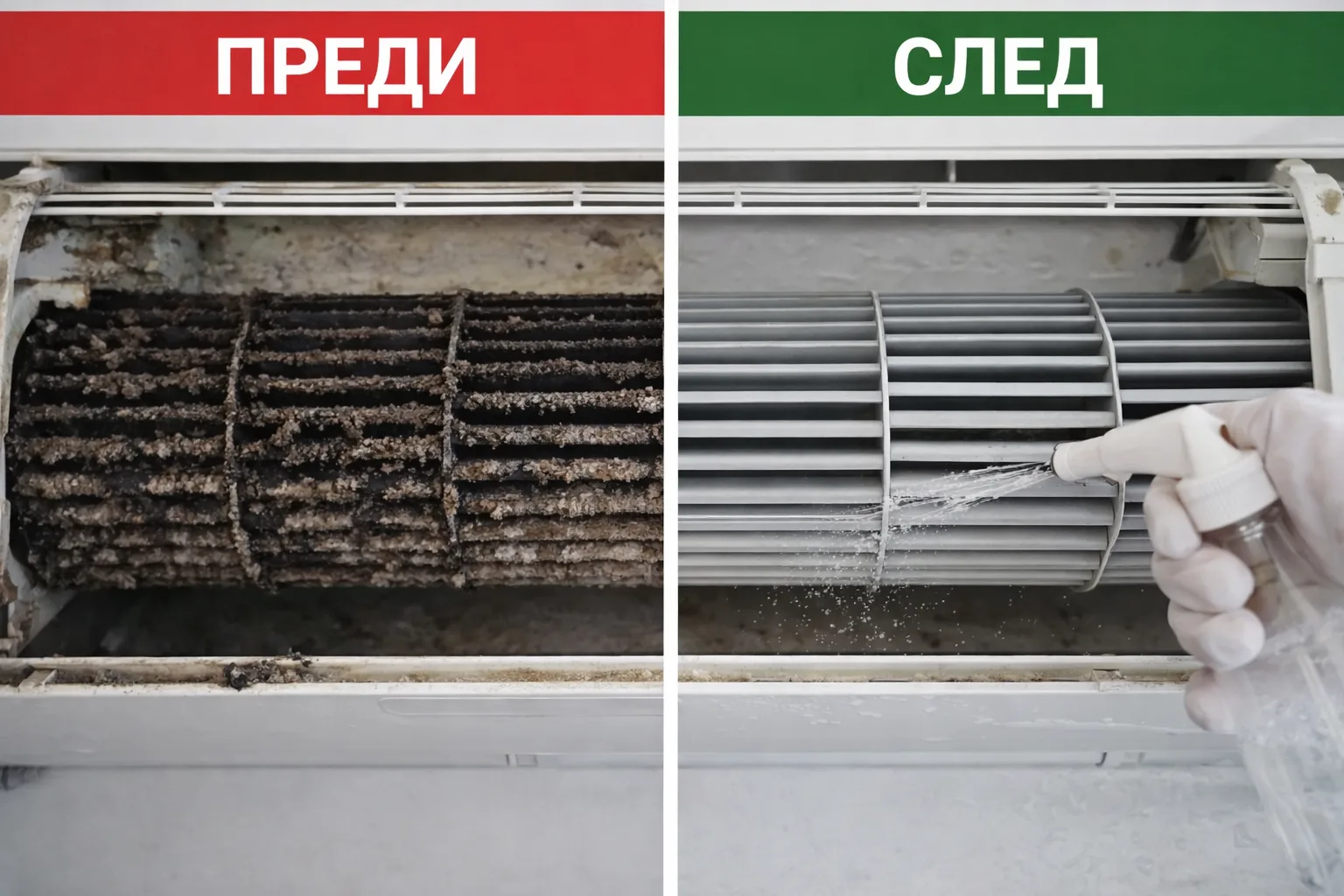 почистване на климатик преди и след премахване на миризма