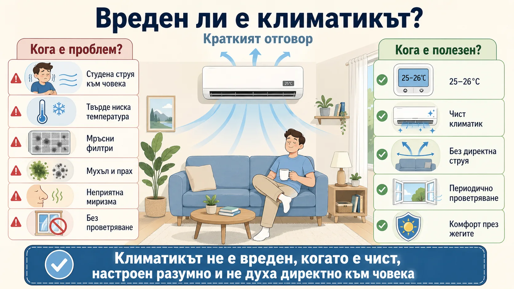 Вреден ли е климатикът – краткият отговор Вреден ли е климатикът – краткият отговор в инфографика с чист климатик, правилна температура и основните причини за дискомфорт