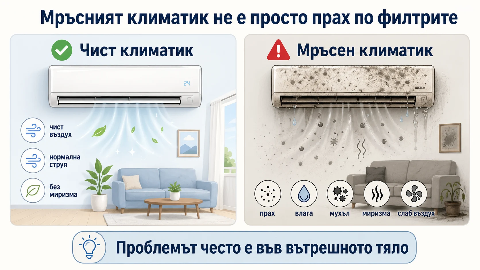 Вреден ли е климатикът, когато е мръсен? Вреден ли е климатикът, когато вътрешното тяло е замърсено – сравнение между чист и мръсен климатик