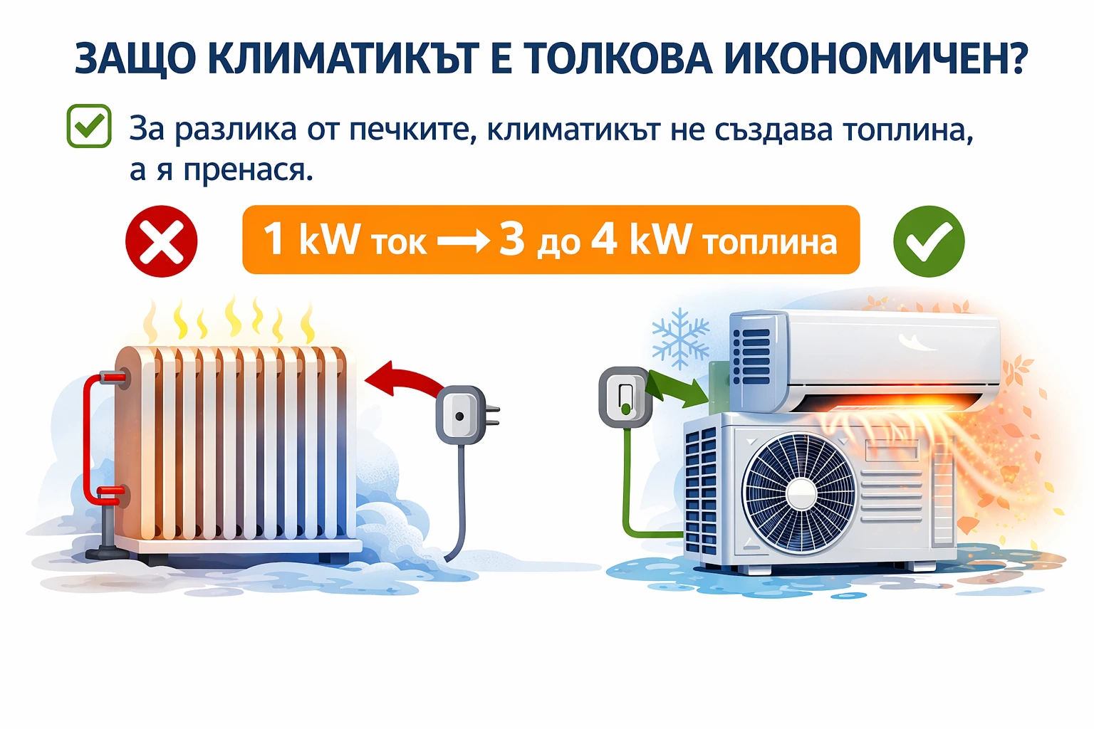 Защо климатикът е икономичен – обяснение с реален пример Инфографика защо климатикът е икономичен – 1 kW ток дава 3 до 4 kW топлина при отопление