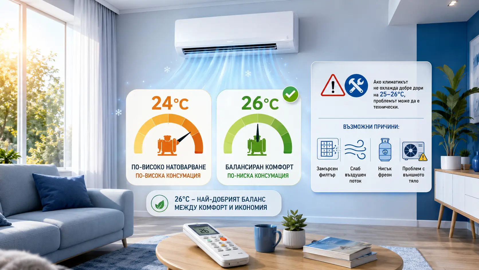 Инфографика за разликата между 24°C и 26°C при използване на климатик през лятото