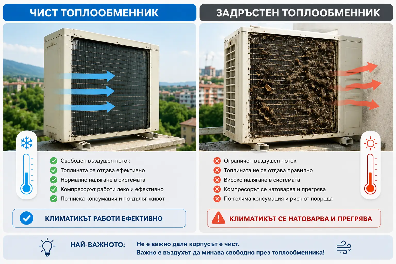 Сравнителна инфографика на чист и задръстен външен топлообменник на климатик