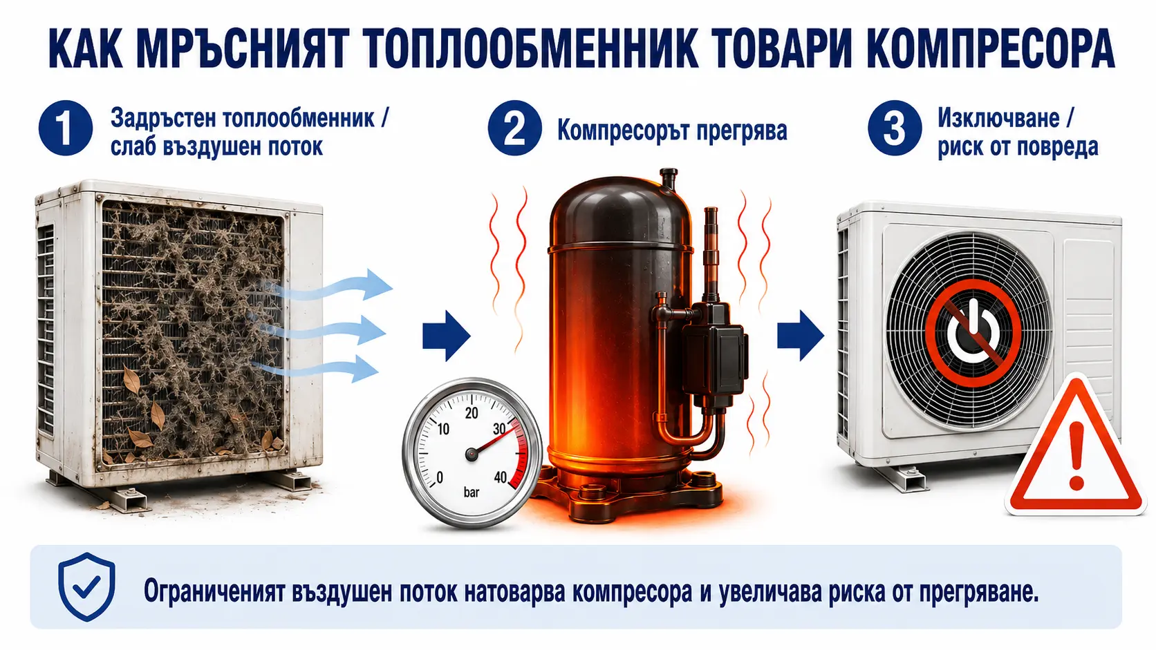 Инфографика показва как мръсният външен топлообменник натоварва компресора на климатик