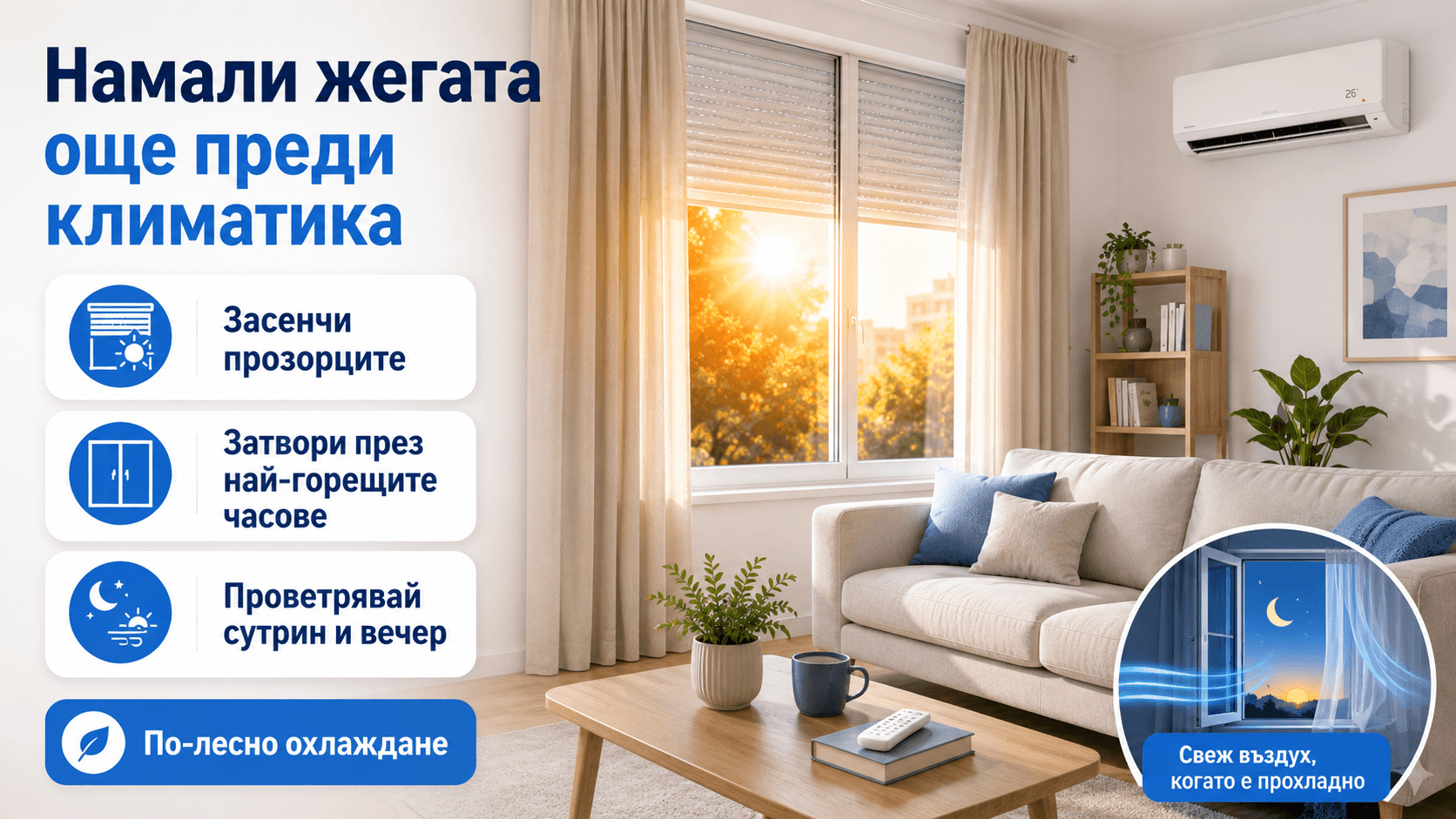 Съвети за намаляване на жегата у дома преди пускане на климатик чрез засенчване и проветряване