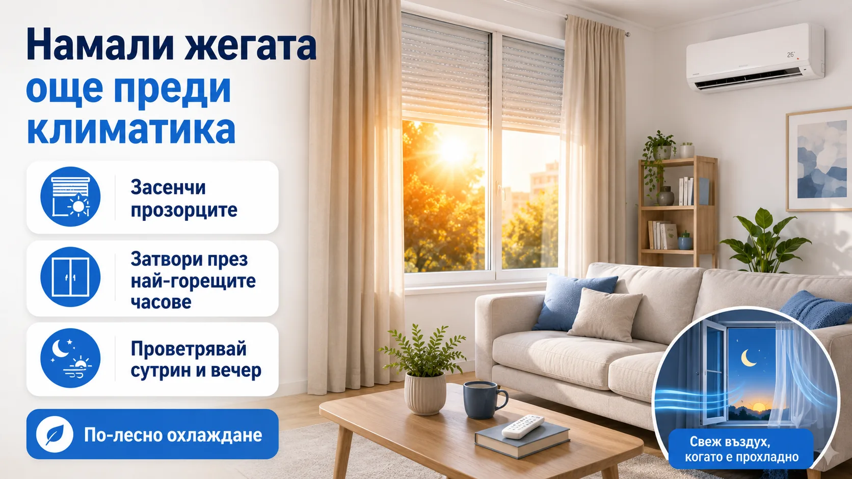 Съвети за намаляване на жегата у дома преди пускане на климатик чрез засенчване и проветряване