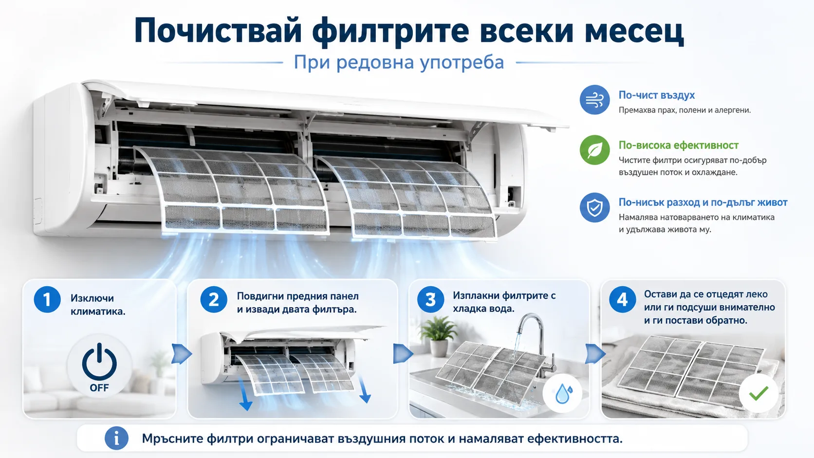 Инфографика за почистване на филтрите на климатик всеки месец при редовна употреба