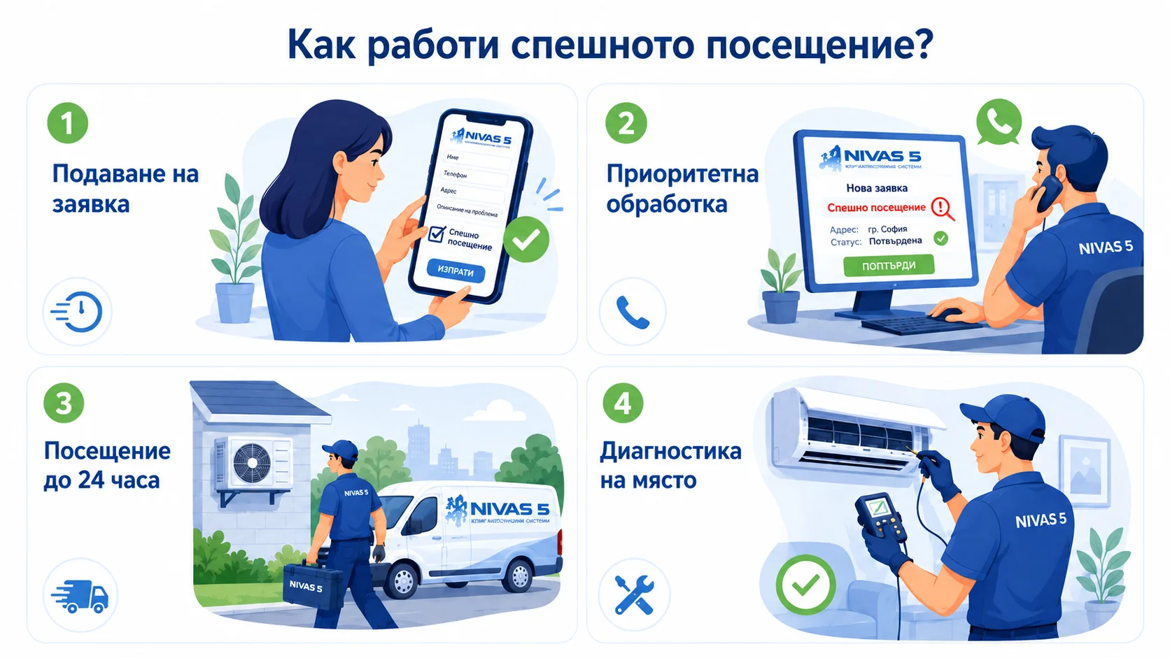 Инфографика как работи спешното посещение за диагностика на климатик в София – подаване на заявка, приоритетна обработка, посещение до 24 часа и диагностика на място