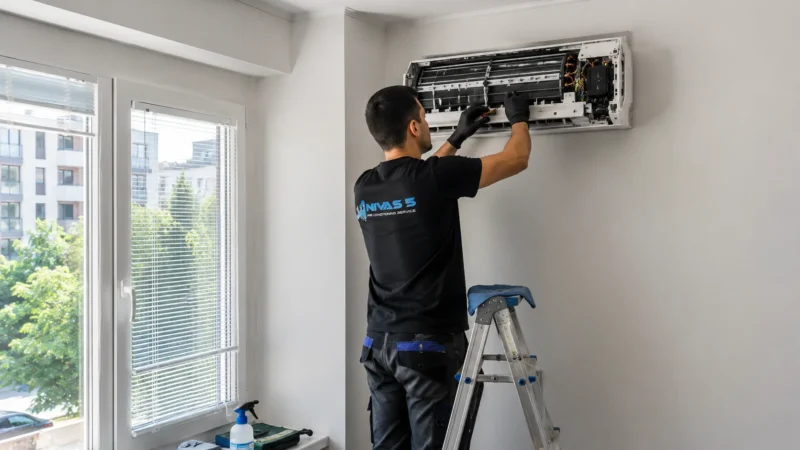 Technician cleaning the indoor unit of a wall-mounted air conditioner in Sofia