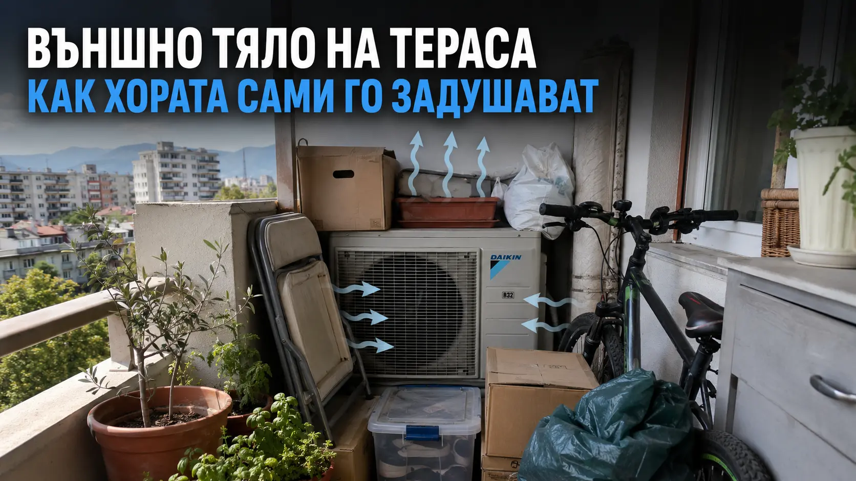 Външно тяло на климатик на тераса, блокирано от кашони, саксии и предмети