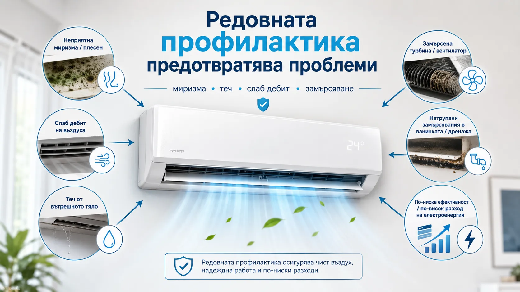 Инфографика за това защо профилактиката на климатик е задължителна – предотвратява замърсяване, течове, слабо охлаждане, миризма и по-висок разход на ток.