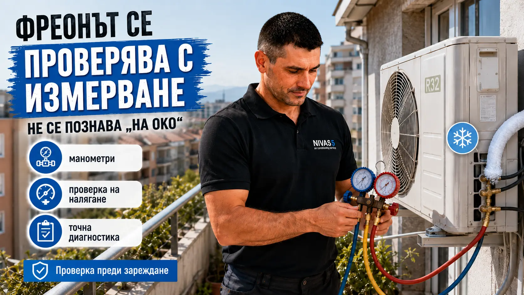 Техник от Нивас 5 проверява фреона на климатик с манометри на тераса в София