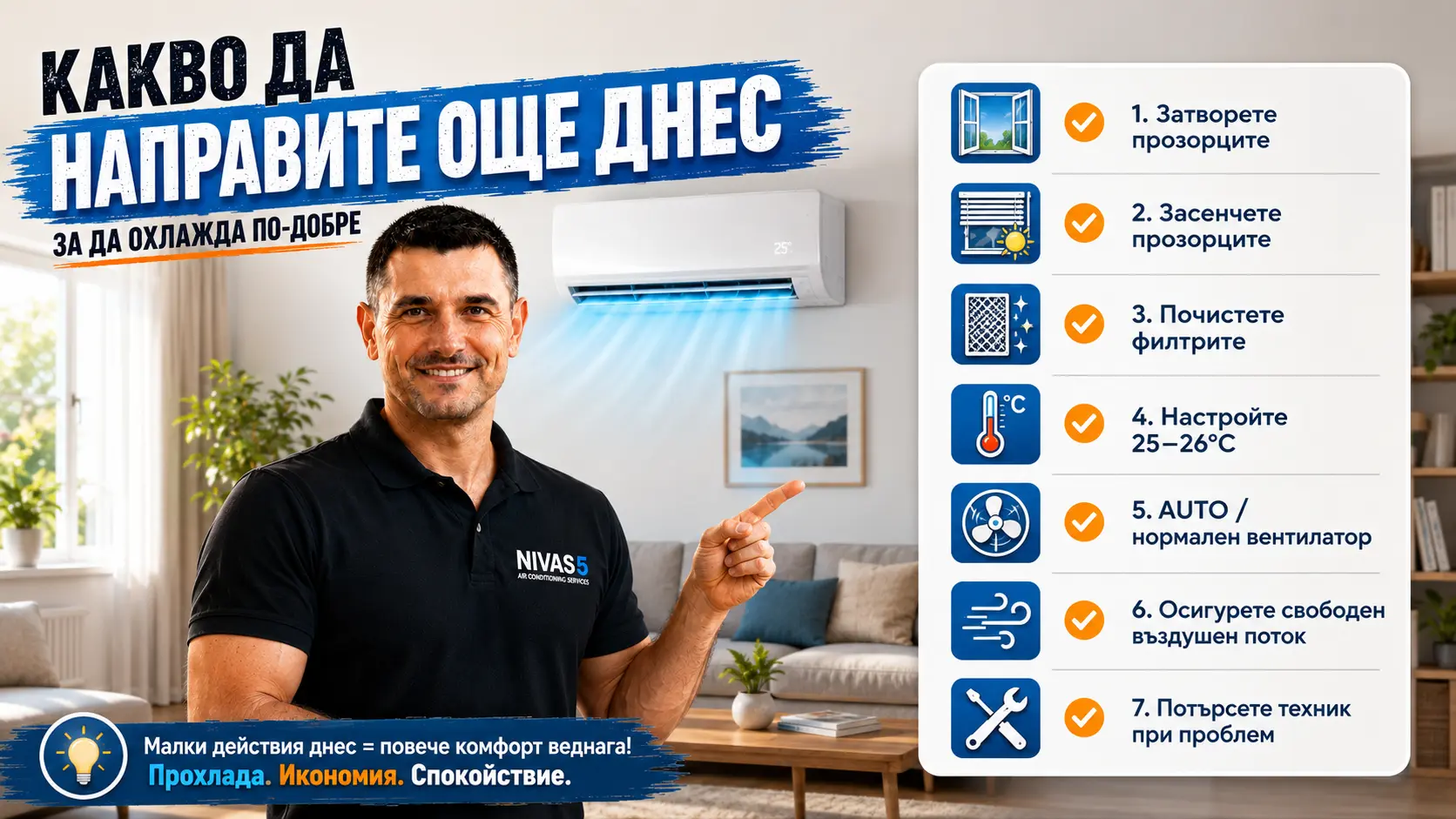 Техник от Нивас 5 показва чеклист с практични стъпки за по-добро охлаждане на климатик