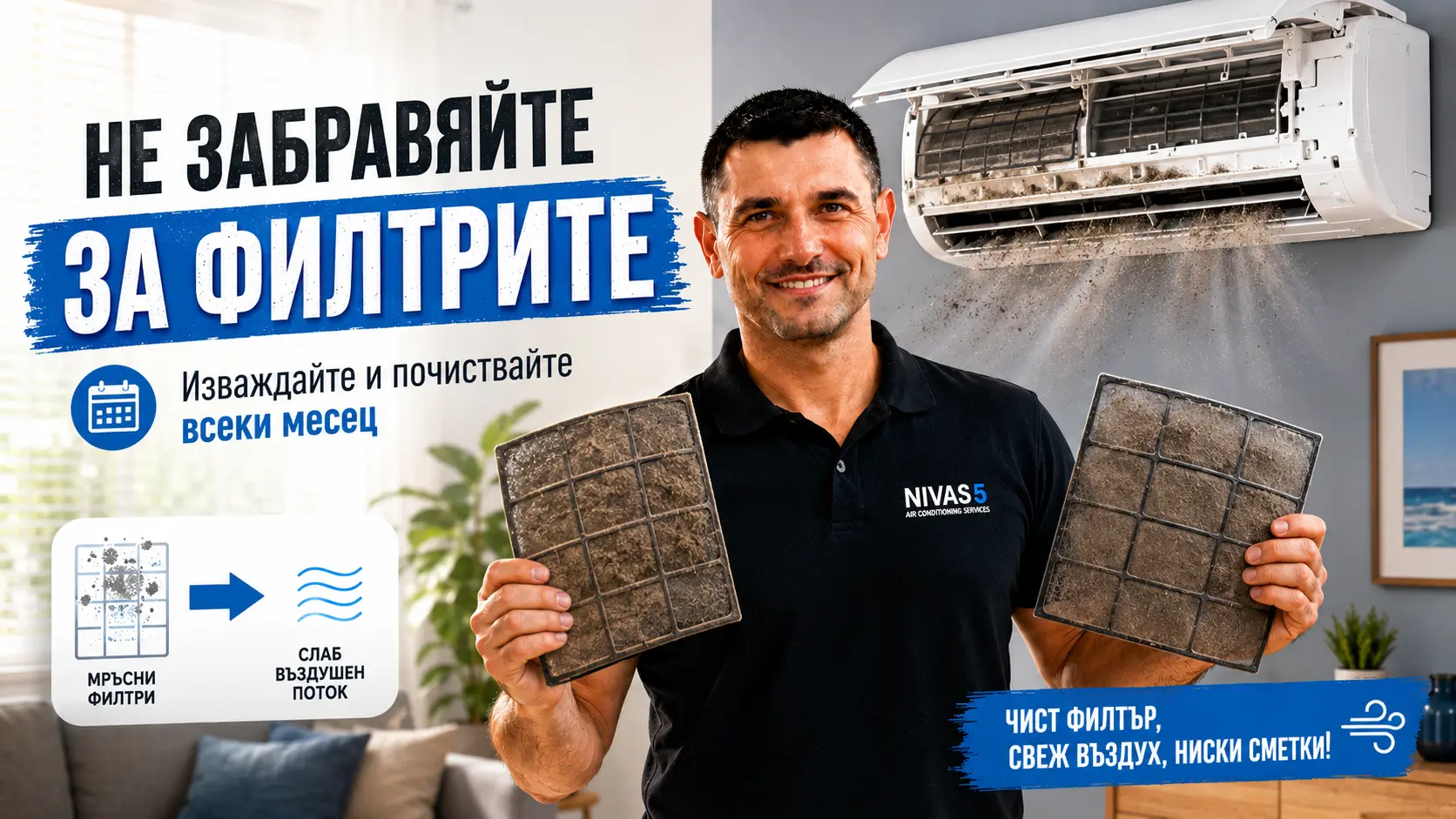 Техник от Нивас 5 показва мръсни филтри на климатик за почистване