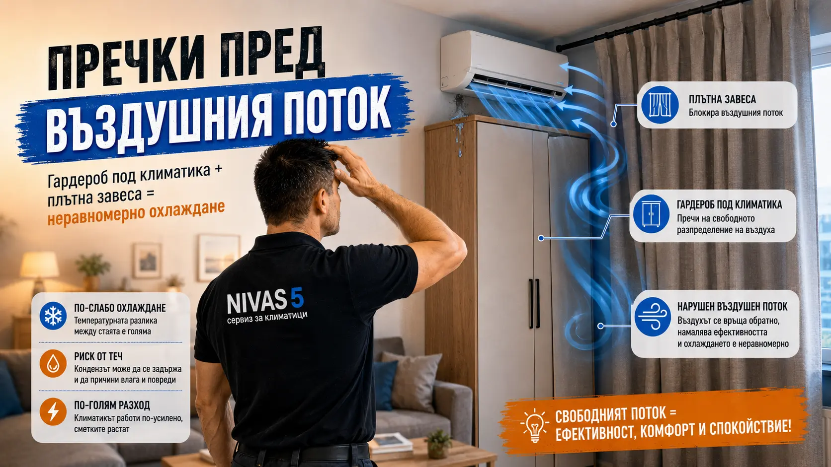 Гардероб и плътна завеса под климатик пречат на въздушния поток в стаята