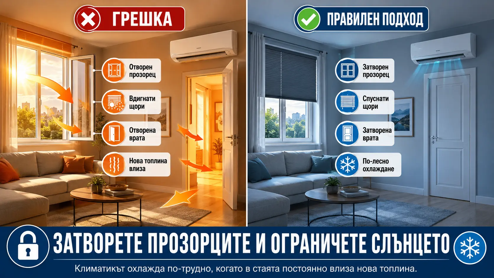 Затворете прозорците и ограничете слънцето, за да охлажда климатикът по-добре