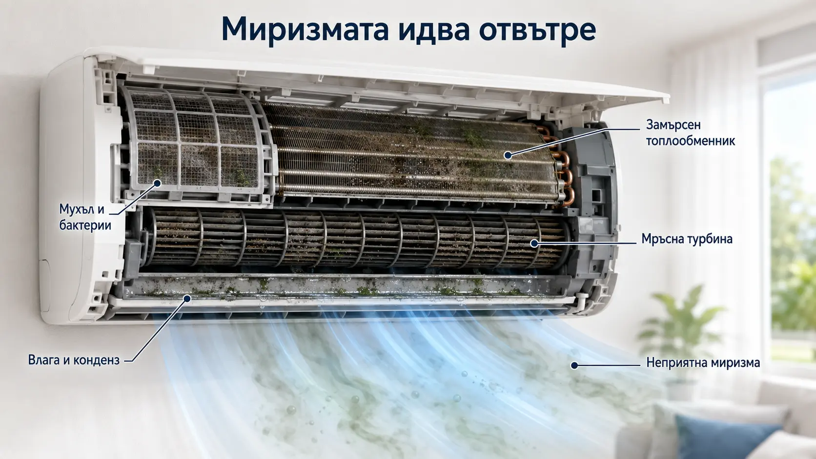 Откъде идва неприятната миризма от климатика Инфографика показва откъде идва неприятната миризма от климатик – замърсен топлообменник, мръсна турбина, влага и бактерии във вътрешното тяло