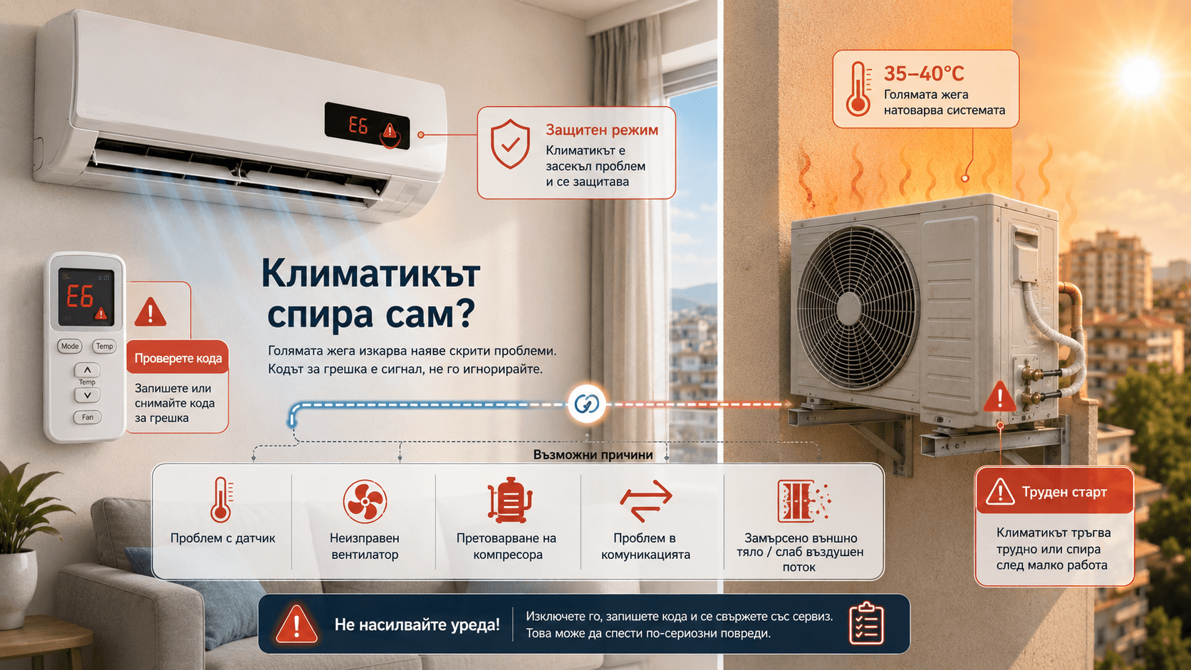 Климатикът изписва грешка или спира сам в жегата Инфографика показва климатик, който изписва грешка, спира сам или влиза в защитен режим при работа в голямата жега
