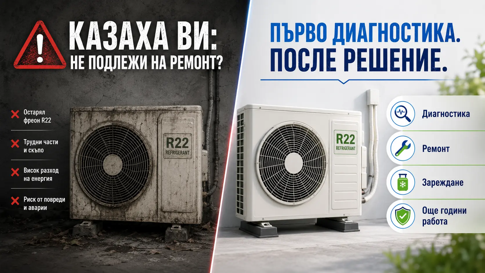 Сравнение между отказан стар климатик с R22 и климатик след диагностика, ремонт и зареждане