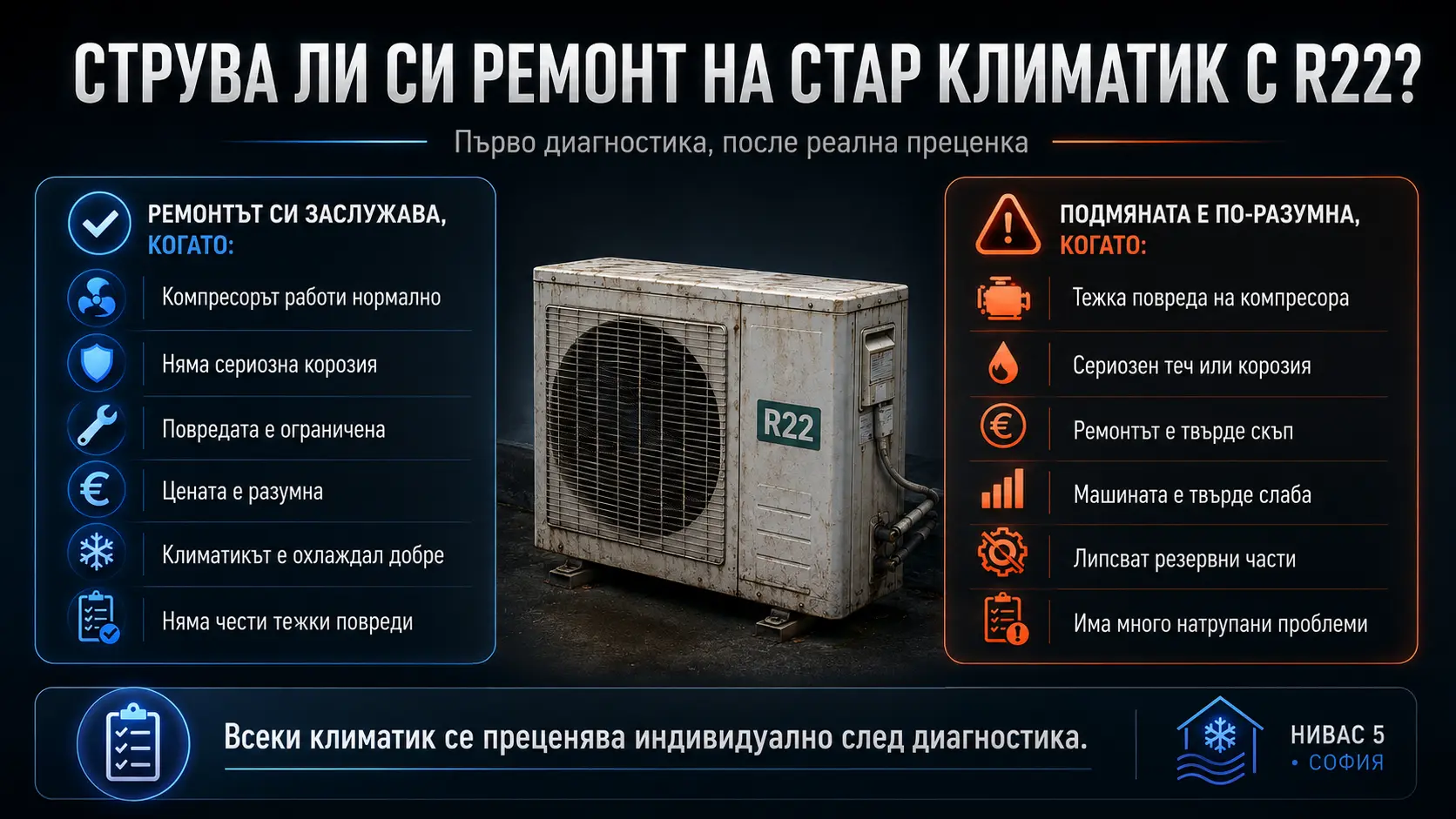Инфографика за това кога си заслужава ремонт на стар климатик с R22 и кога е по-разумна подмяна