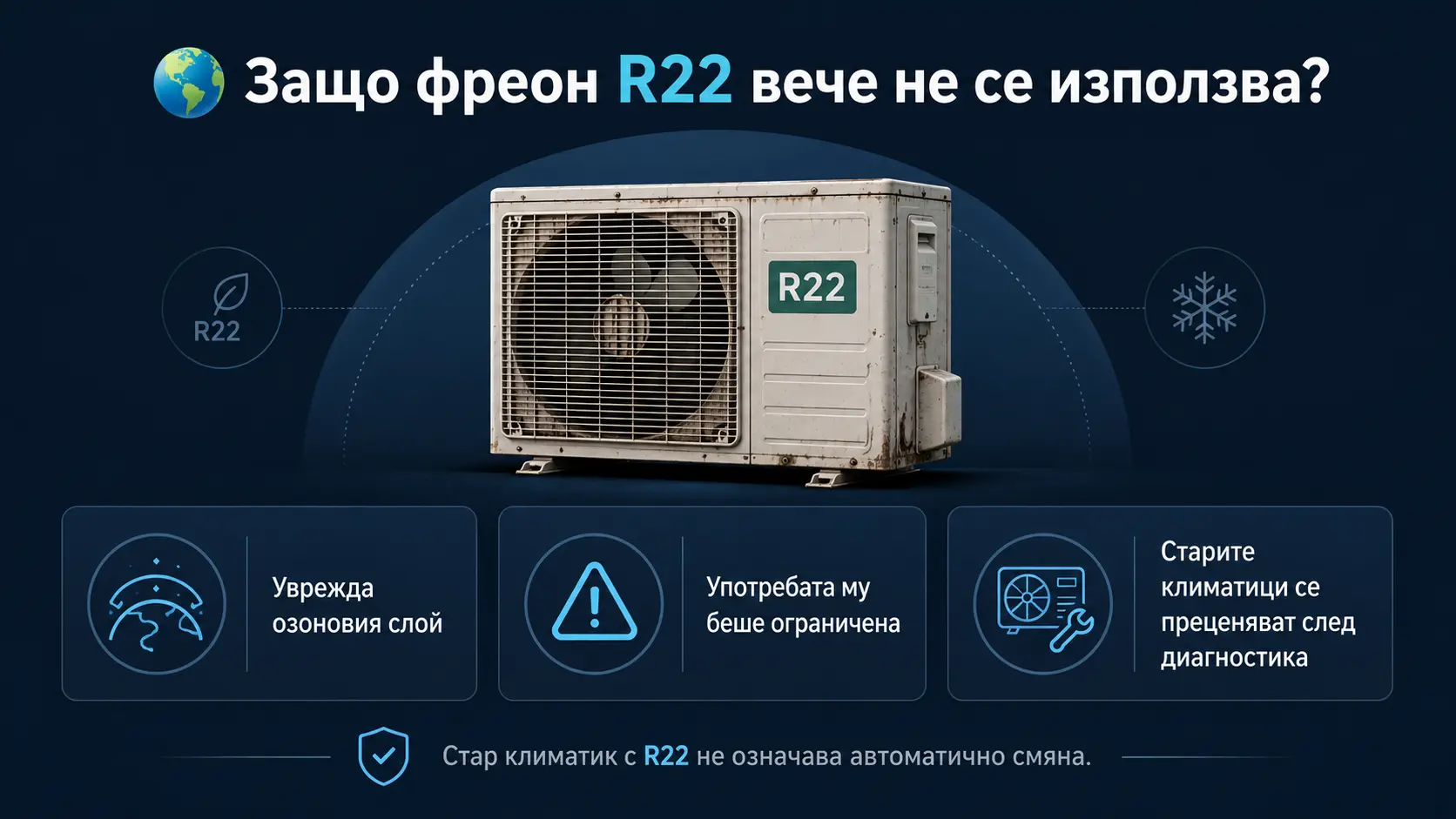 Инфографика защо фреон R22 вече не се използва и защо стар климатик с R22 не трябва автоматично да се сменя