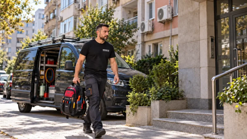 Nivas 5 technician arriving for an urgent air conditioner visit in Sofia