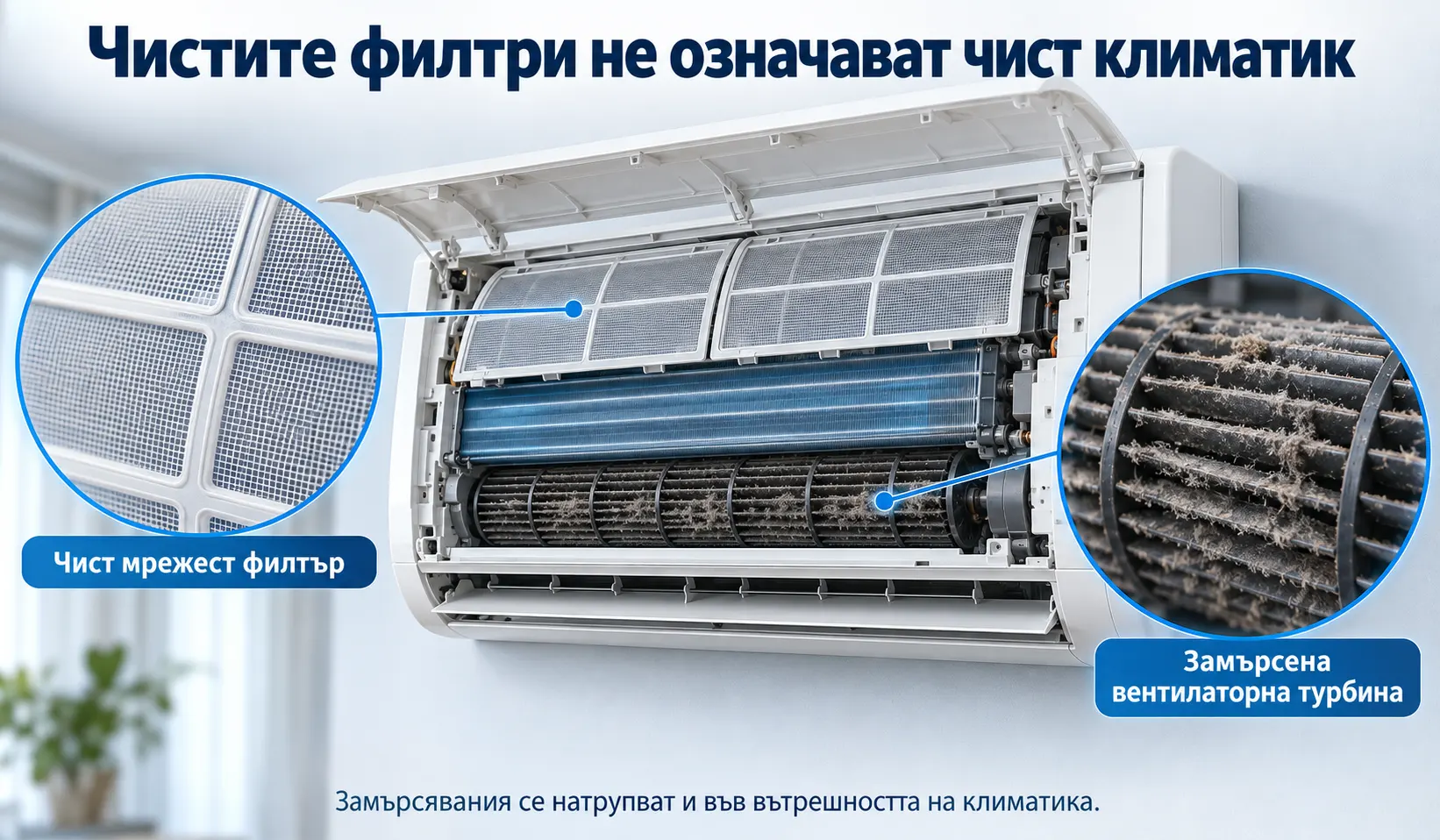 Чисти филтри, но замърсена турбина на климатик Чист мрежест филтър и силно замърсена вентилаторна турбина на климатик – сравнение на състоянието на вътрешните компоненти
