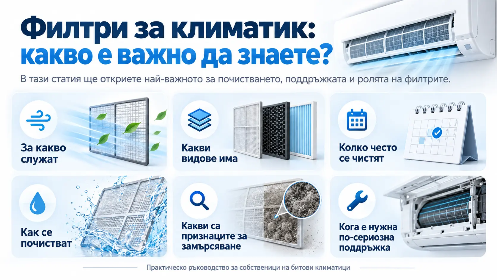 Какво ще научите за филтрите на климатик Инфографика с основните теми в статията за филтрите на климатик