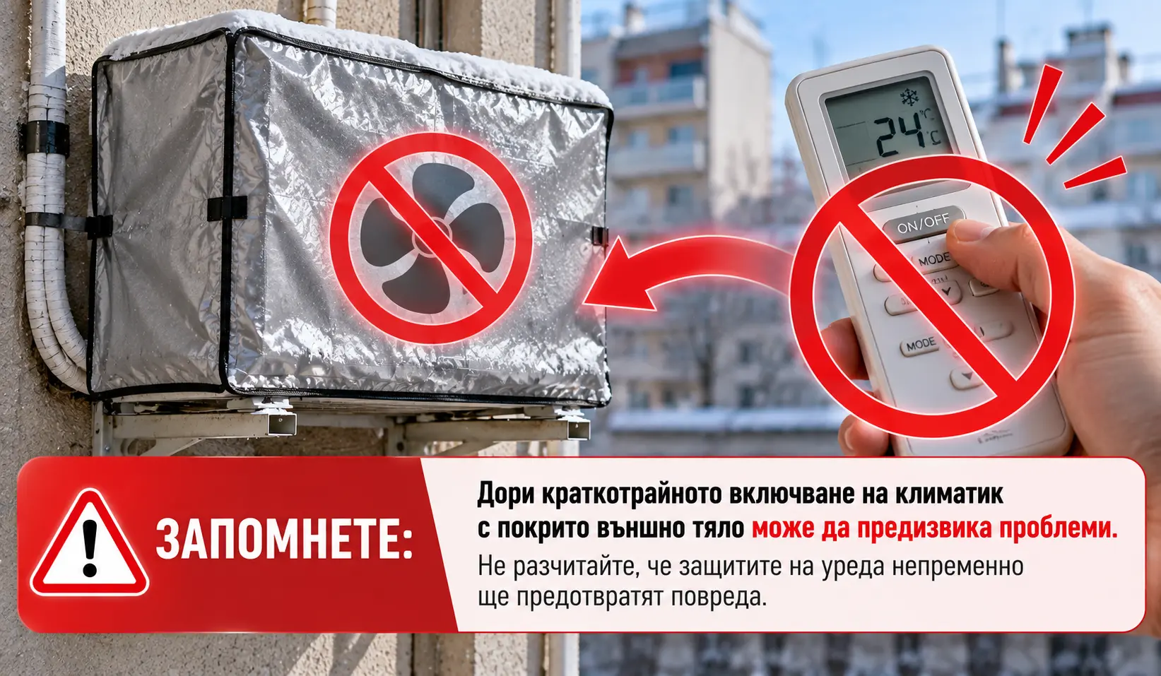 Предупреждение да не се включва климатик с покрито външно тяло – защитен протектор, дистанционно управление и символ за забрана.