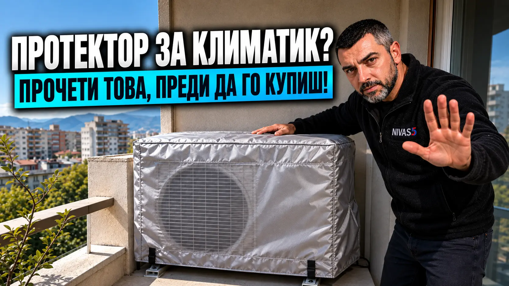 Протектор за климатик – външно тяло със защитно покривало и техник, предупреждаващ за риска от повреда.
